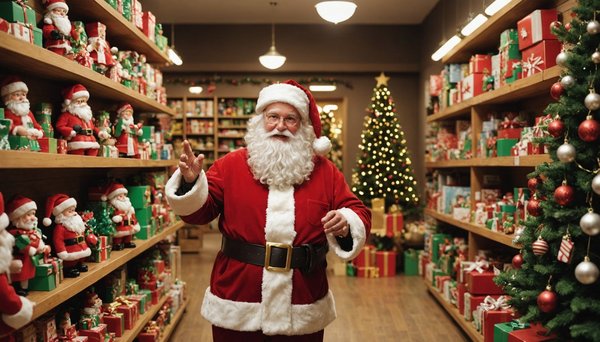 Festive store decorations with santa claus figurines